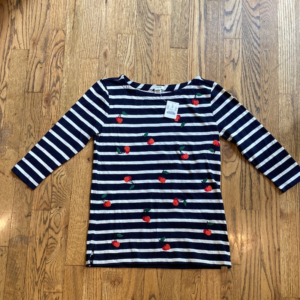 J.Crew Blue 3/4 Sleeve Cherry Embroidered Striped T-shirt